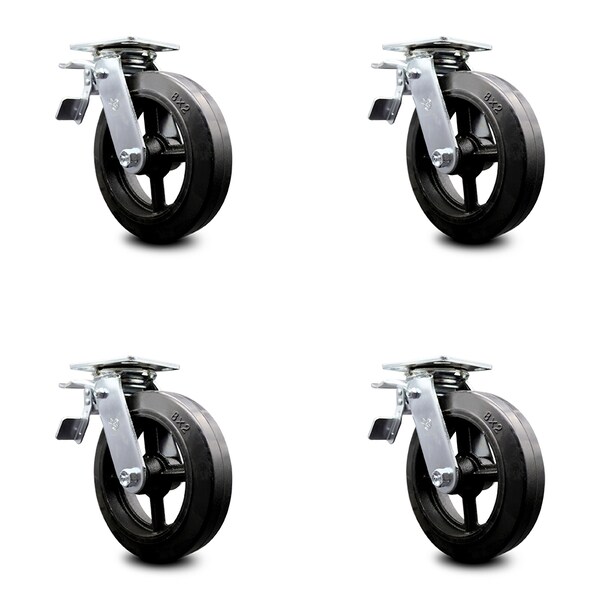 8 Inch Rubber on Steel Caster Set with Ball Bearing and Total Lock Brake SCC